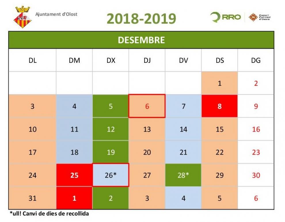 Calendari de recollida de residus durant el mes de desembre